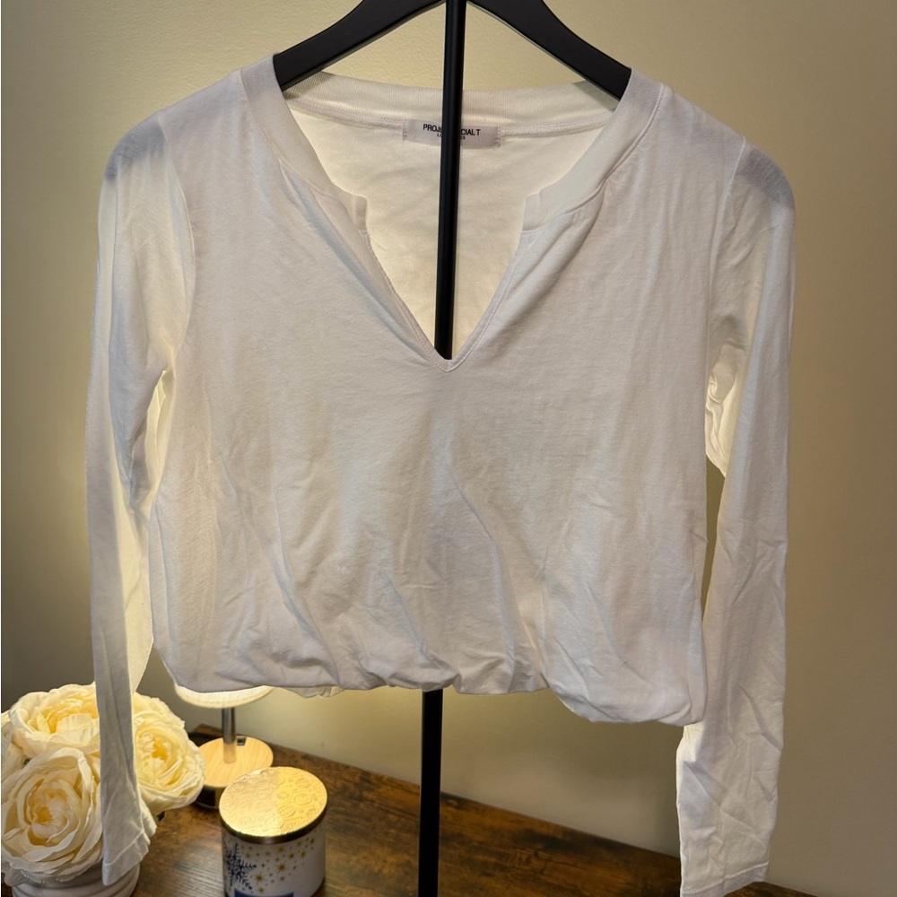 Project Social T Long Sleeve V-Neck Top with Bubble Hem